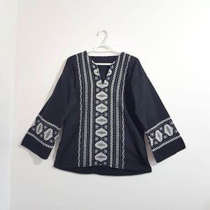 Tribal Pattern Black Tunic Shirt with Band Collar